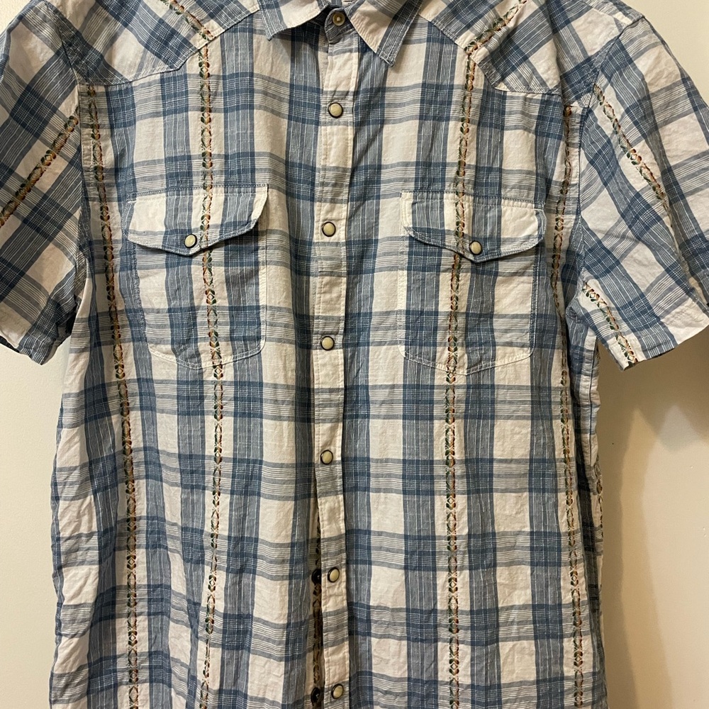 Lucky Brand Blue and White Western Pearl Snap Checkered Plaid Shirt